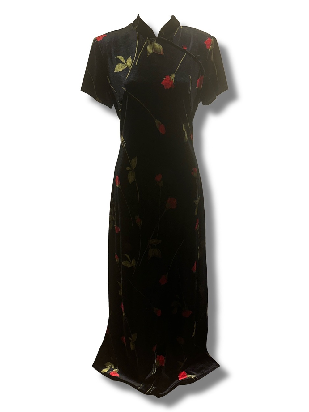 Vtg 90s Rose Print Velvet Cheongsam Maxi Dress